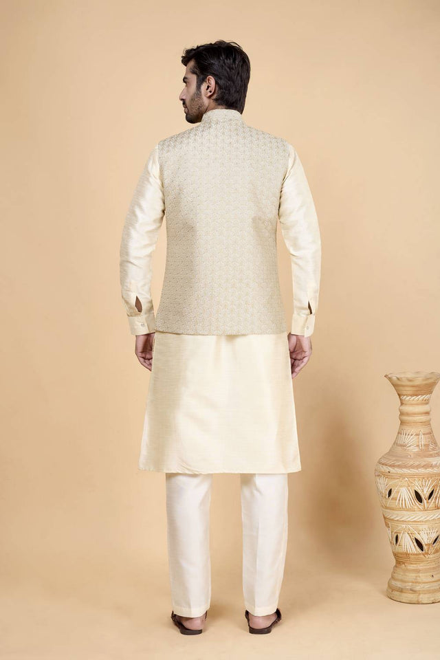 Men's Cream Embroidered Silk Kurta Set with Jacket