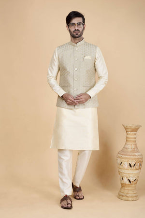Men's Cream Embroidered Silk Kurta Set with Jacket
