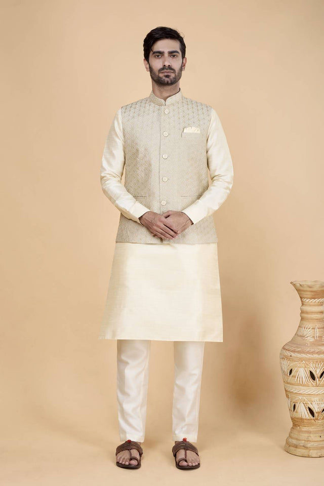 Men's Cream Embroidered Silk Kurta Set with Jacket