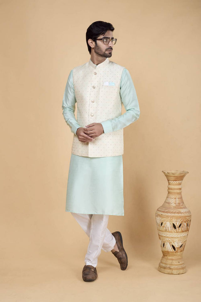 Men's Sea Green Embroidered Silk Kurta Set with Jacket