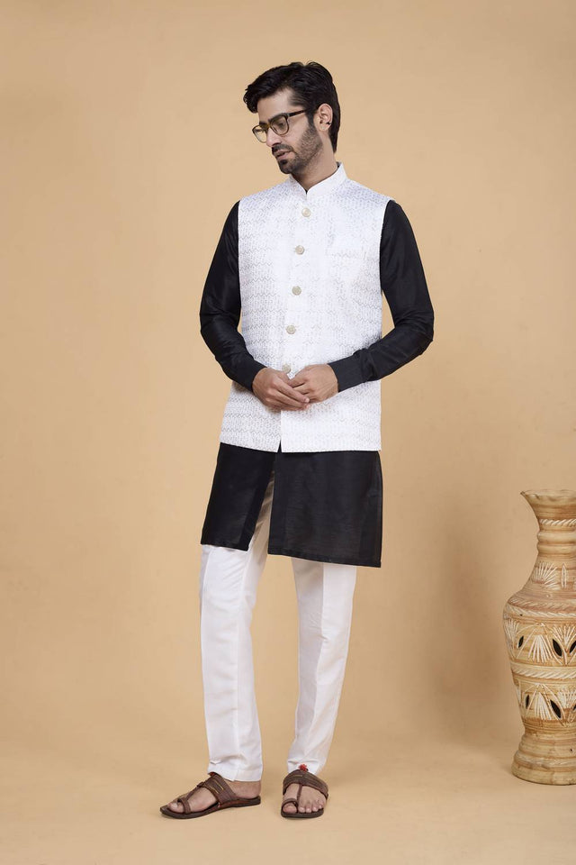 Men's Black Embroidered Silk Kurta Set with Jacket