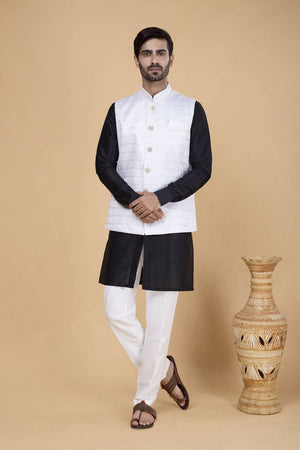 Men's Black Embroidered Silk Kurta Set with Jacket