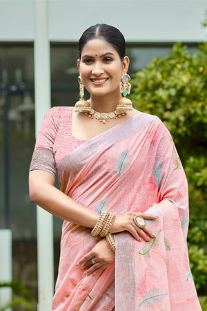 Peach Woven Linen Saree