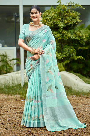 Light Blue Woven Linen Saree