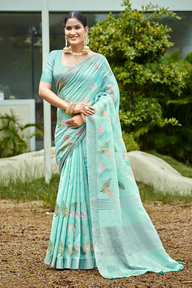 Light Blue Woven Linen Saree