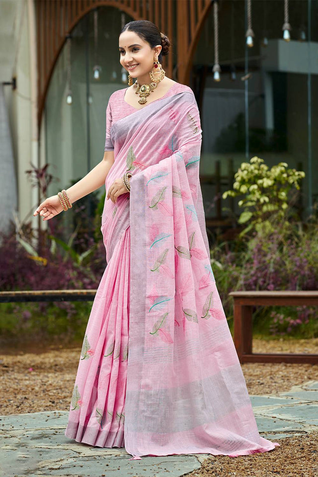Pink Woven Linen Saree