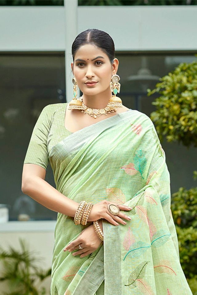 Green Woven Linen Saree