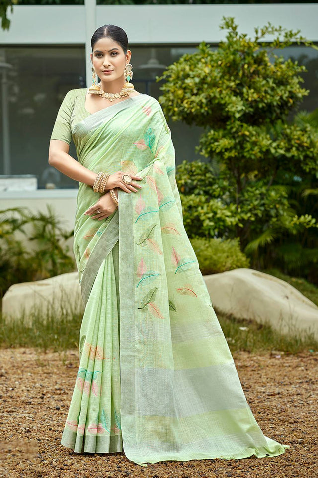 Green Woven Linen Saree
