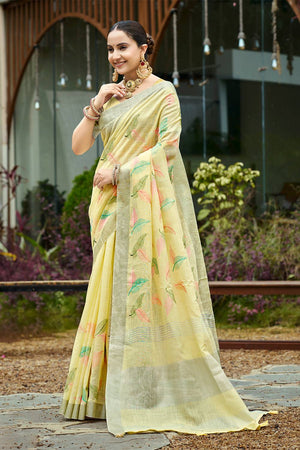 Yellow Woven Linen Saree (ACA4107)