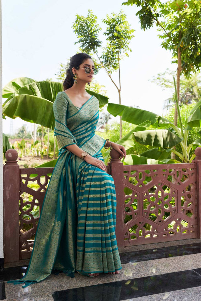 Turquoise Woven Georgette Saree
