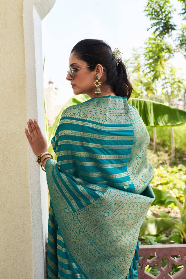 Turquoise Woven Georgette Saree