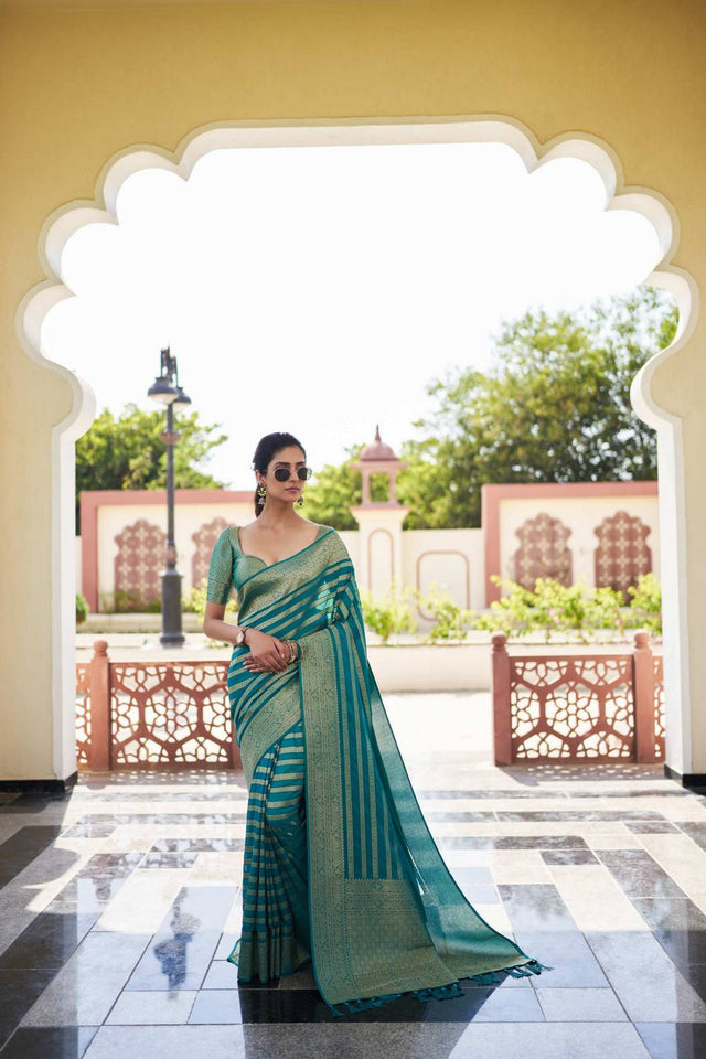 Turquoise Woven Georgette Saree