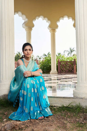 Turquoise Woven Georgette Saree