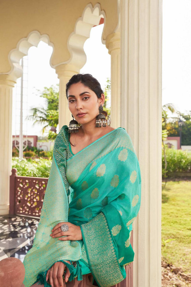 Sea Green Woven Georgette Saree