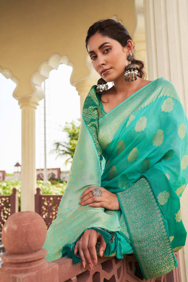 Sea Green Woven Georgette Saree