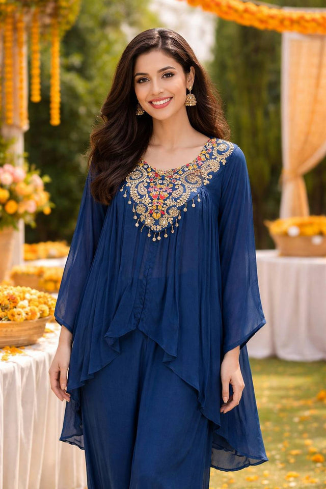 Blue Floral Embroidered Viscose Co-Ord Set