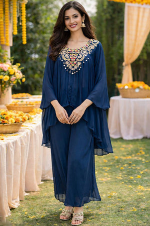 Blue Floral Embroidered Viscose Co-Ord Set