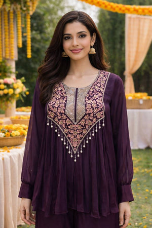 Wine Floral Embroidered Viscose Co-Ord Set