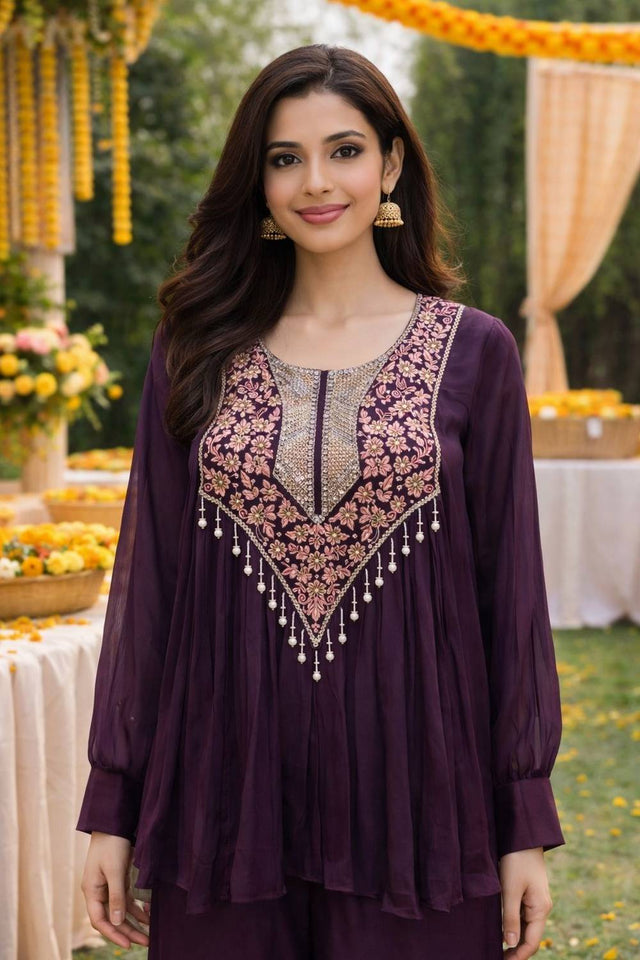 Wine Floral Embroidered Viscose Co-Ord Set