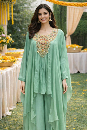 Sea Green Floral Embroidered Viscose Co-Ord Set