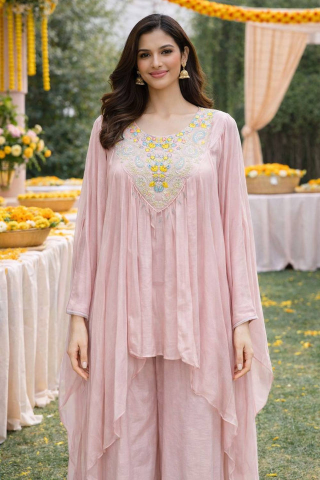 Pink Floral Embroidered Viscose Co-Ord Set