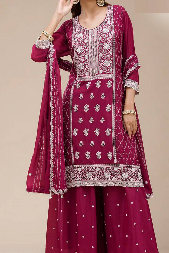Pink Floral Embroidered Georgette Palazzo Suits
