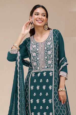 Turquoise Floral Embroidered Georgette Palazzo Suits