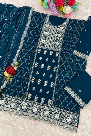 Turquoise Floral Embroidered Georgette Palazzo Suits