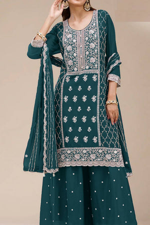 Turquoise Floral Embroidered Georgette Palazzo Suits
