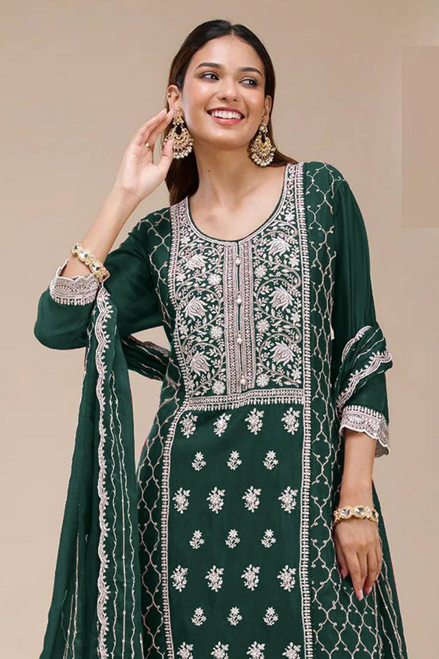 Green Floral Embroidered Georgette Palazzo Suits