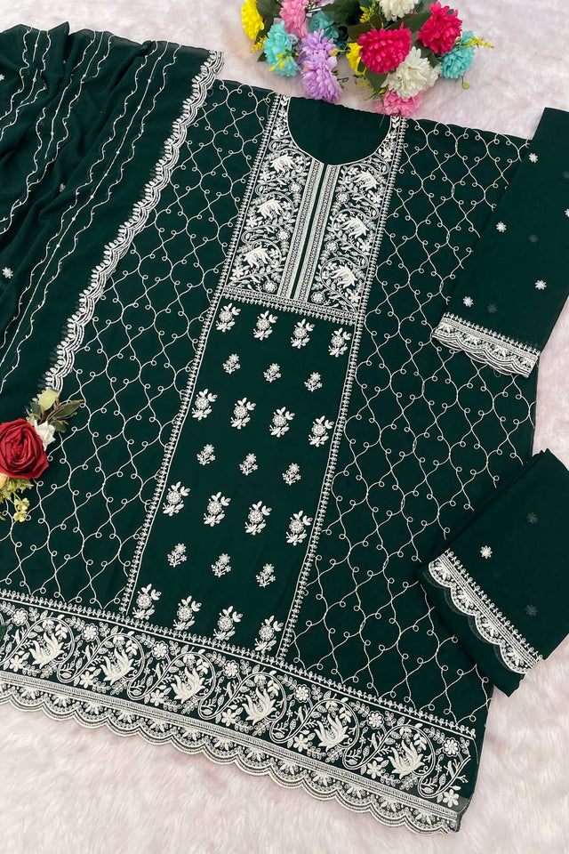 Green Floral Embroidered Georgette Palazzo Suits