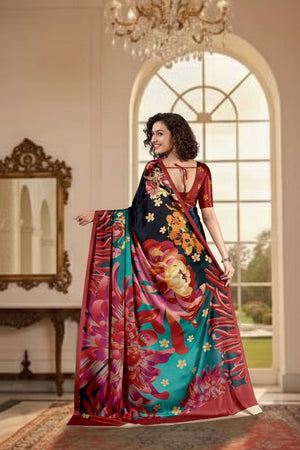 Blue Floral Printed Silk Saree