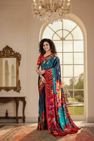 Blue Floral Printed Silk Saree
