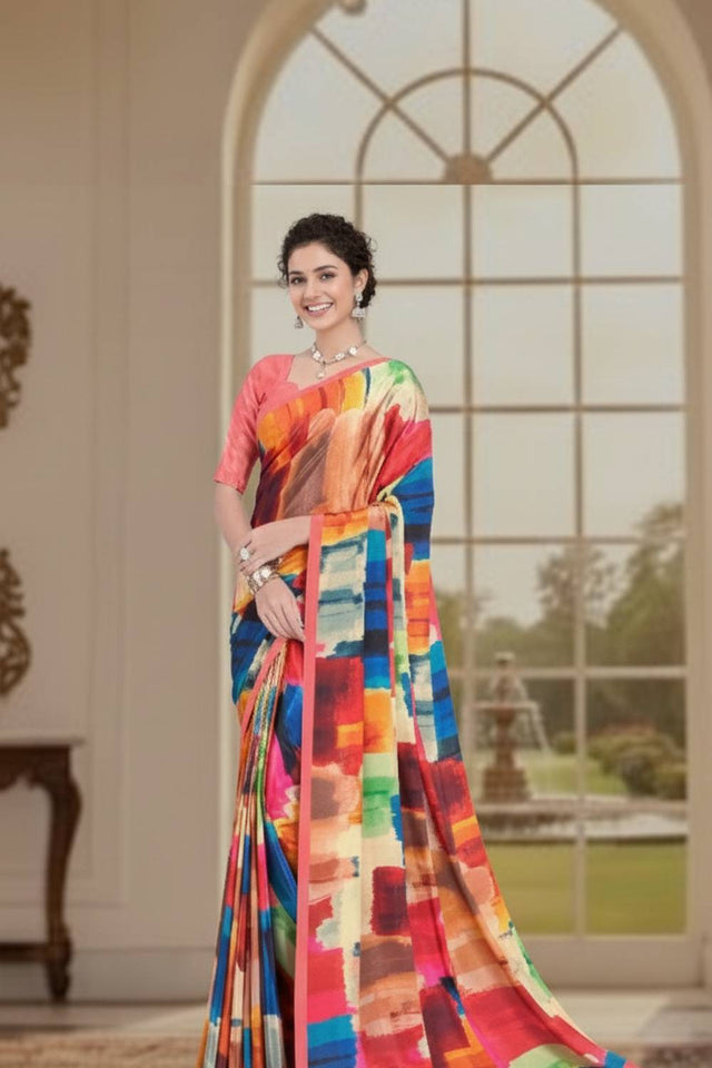 Multi Color Digital Printed Silk Saree