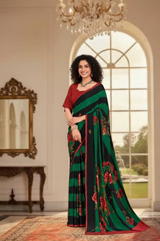Green Floral Printed Silk Saree
