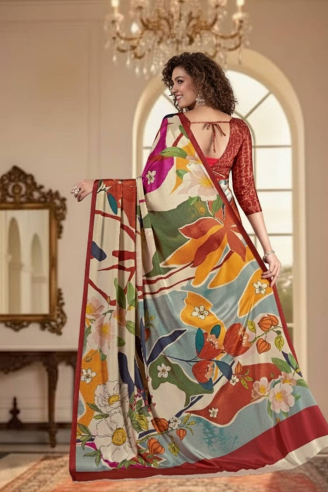 Cream Floral Printed Silk Saree