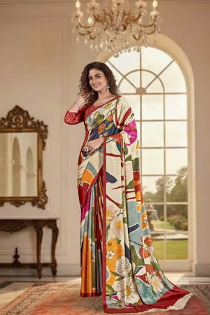 Cream Floral Printed Silk Saree