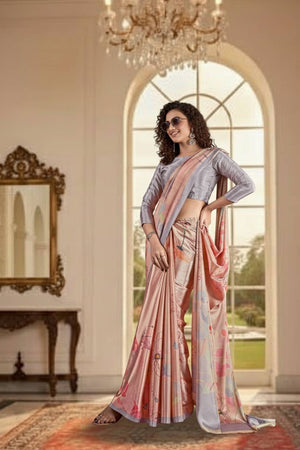 Pink Floral Printed Silk Saree