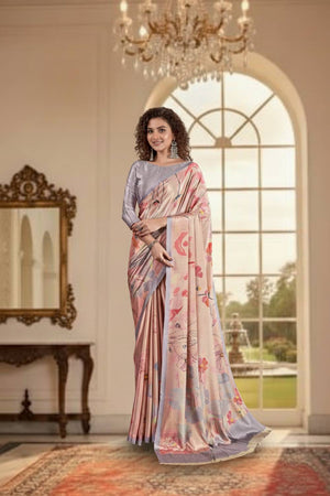 Pink Floral Printed Silk Saree