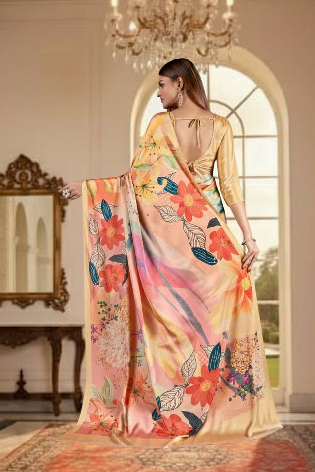 Peach Floral Printed Silk Saree