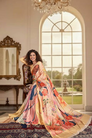 Peach Floral Printed Silk Saree