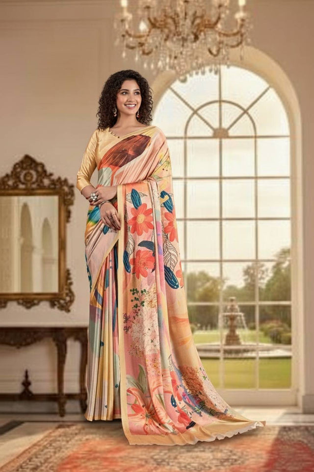 Peach Floral Printed Silk Saree