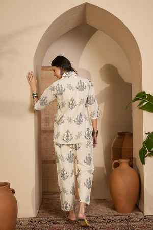 Beige Floral Embroidered Silk Co-Ord Set