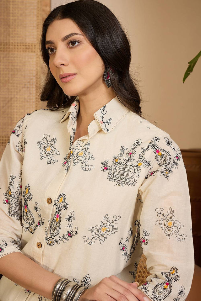 Beige Floral Embroidered Silk Co-Ord Set