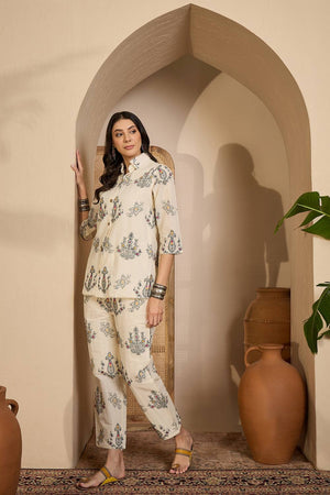 Beige Floral Embroidered Silk Co-Ord Set