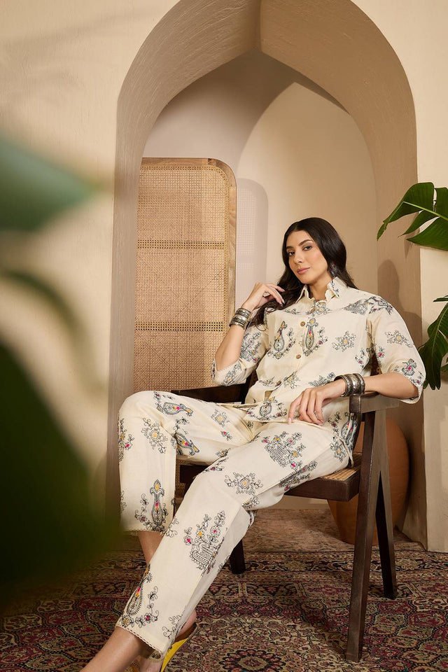 Beige Floral Embroidered Silk Co-Ord Set