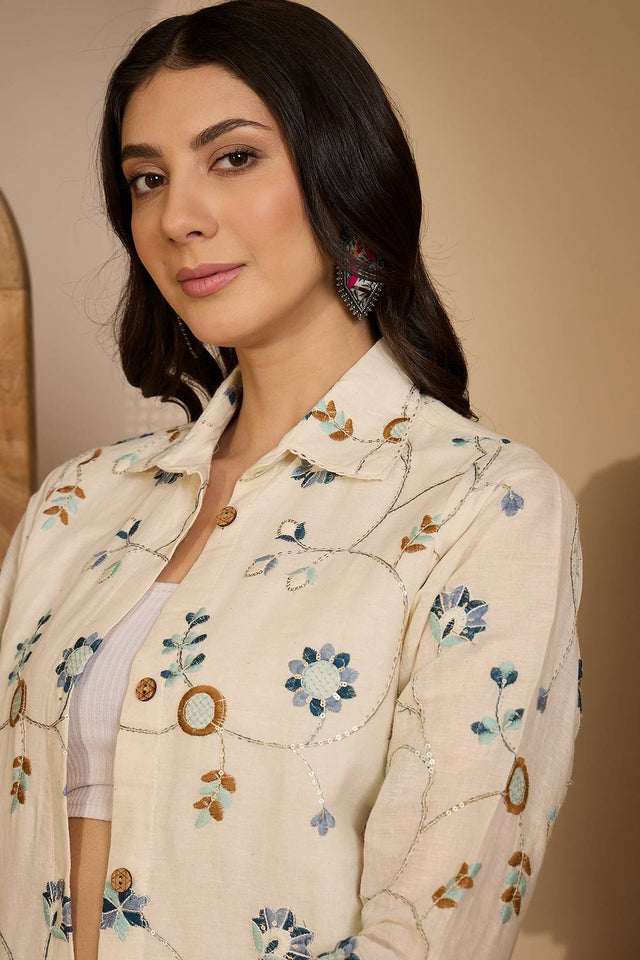 Beige Floral Embroidered Silk Co-Ord Set