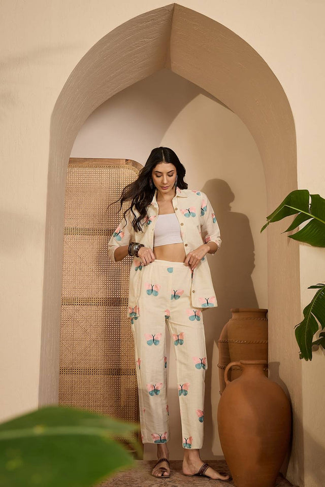 Beige Embroidered Silk Co-Ord Set