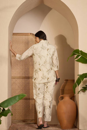 Beige Floral Embroidered Silk Co-Ord Set