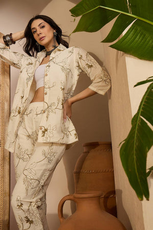 Beige Floral Embroidered Silk Co-Ord Set